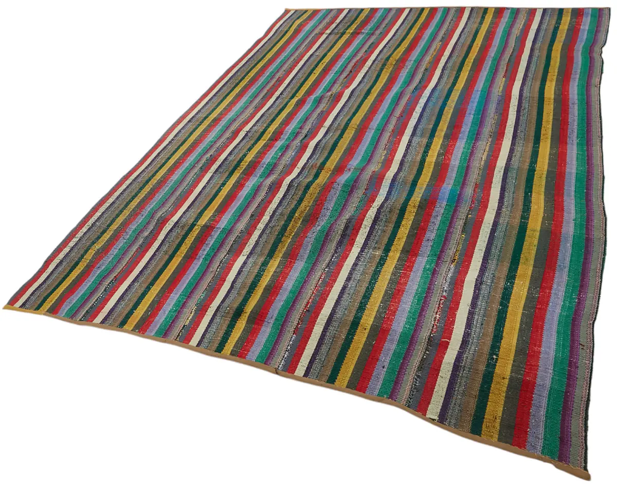Chaput Çizgili Multi Renk Pamuk Üzerine Yün El Dokuma Kilim-208x284 - Görsel 3