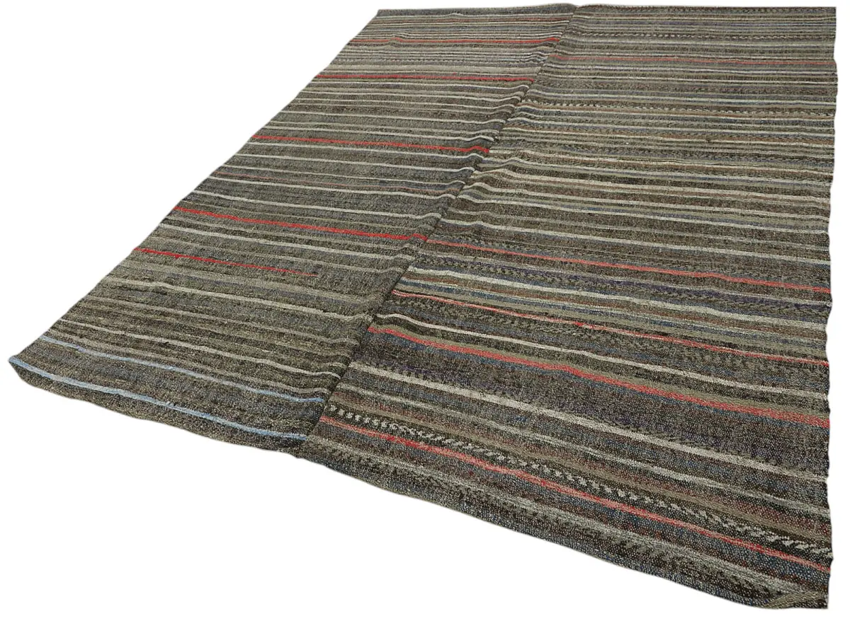 Chaput Çizgili Multi Renk Pamuk Üzerine Yün El Dokuma Kilim-205x272 - Görsel 3