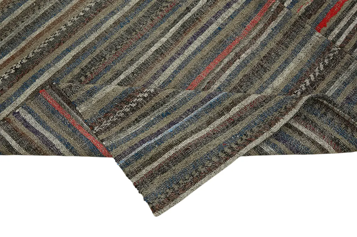 Chaput Çizgili Multi Renk Pamuk Üzerine Yün El Dokuma Kilim-205x272 - Görsel 6