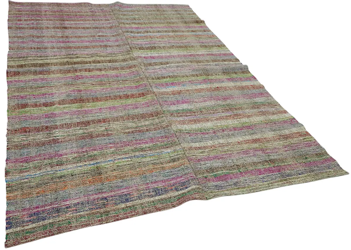 Chaput Çizgili Multi Renk Pamuk Üzerine Yün El Dokuma Kilim-190x277 - Görsel 2