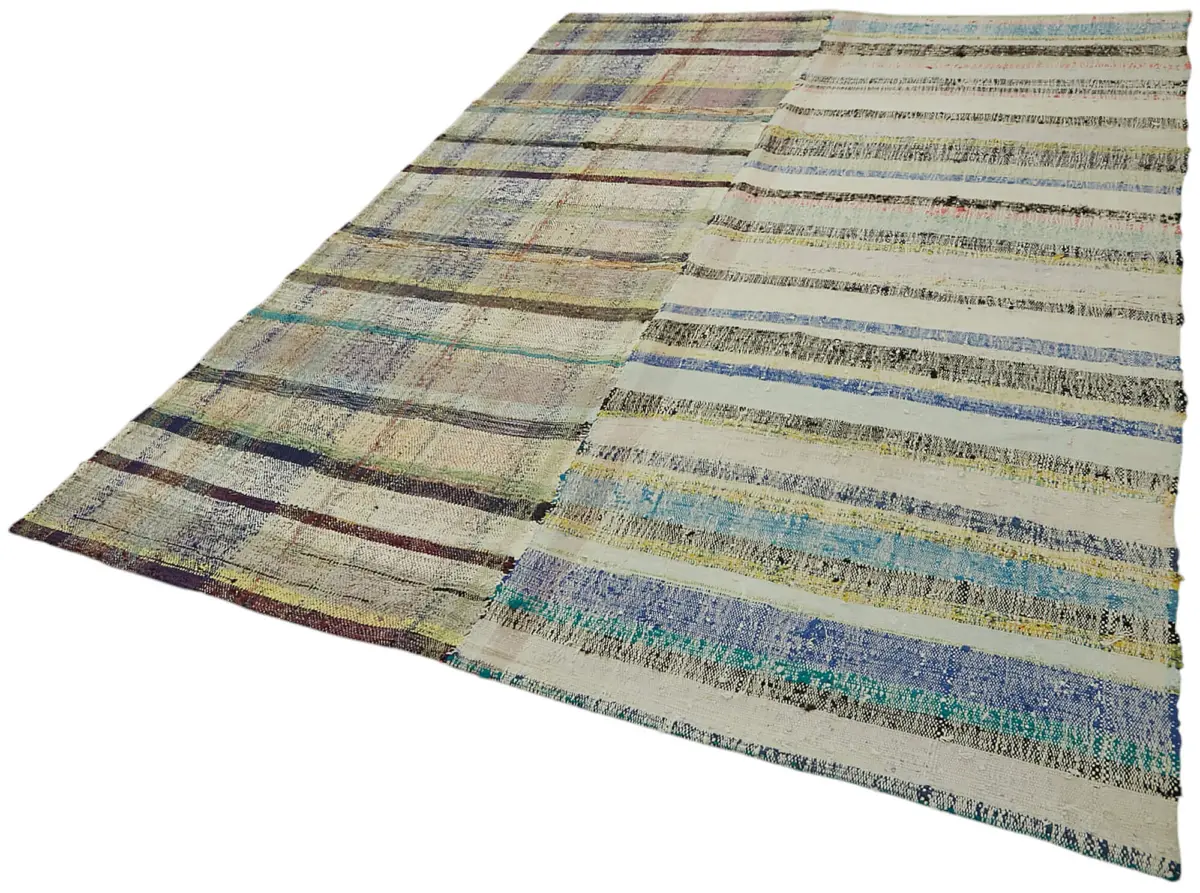 Chaput Çizgili Multi Renk Pamuk Üzerine Yün El Dokuma Kilim-195x260 - Görsel 3