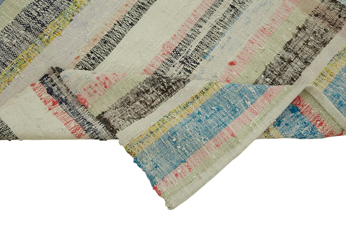 Chaput Çizgili Multi Renk Pamuk Üzerine Yün El Dokuma Kilim-195x260 - Görsel 6