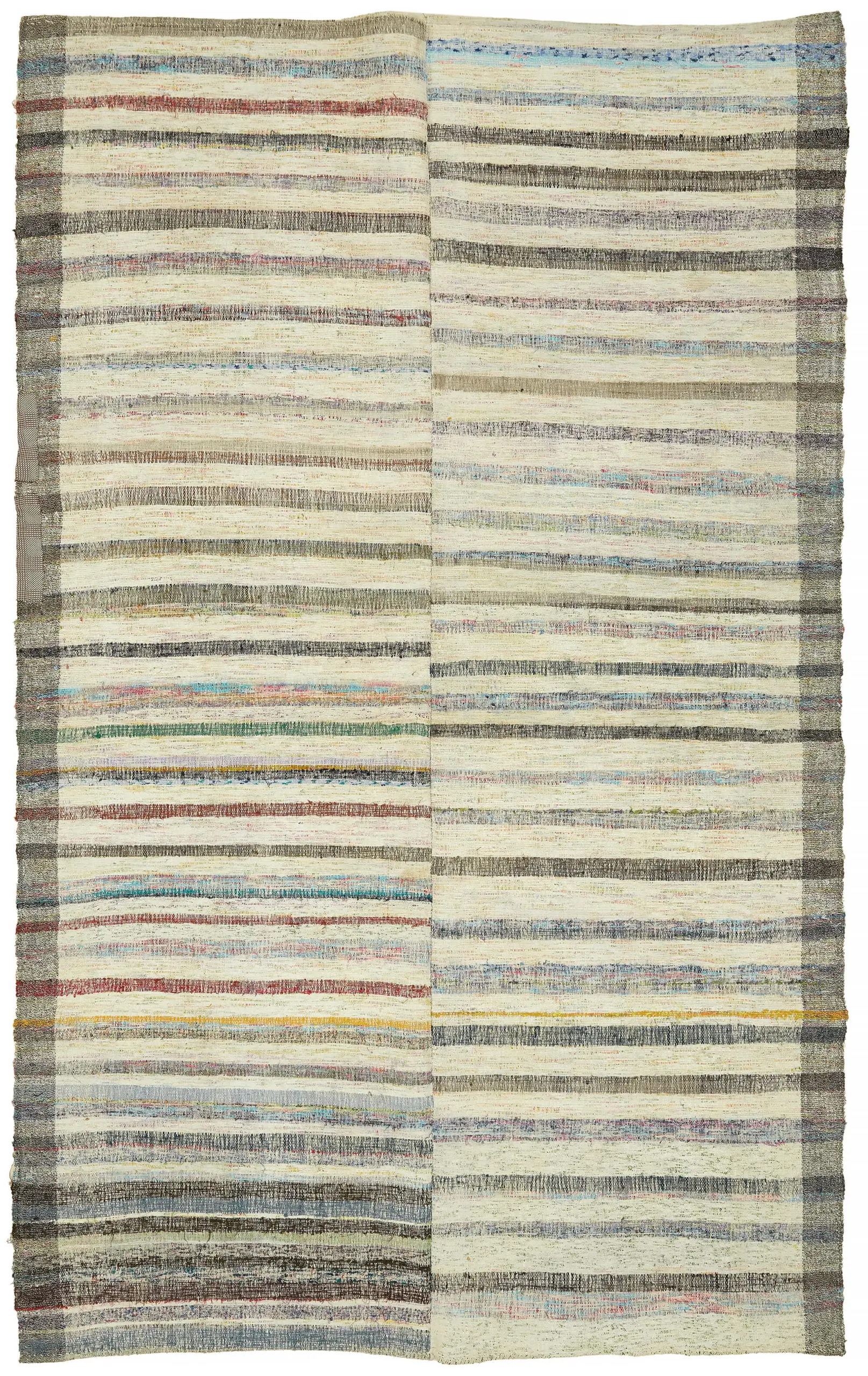 Chaput Çizgili Multi Renk Pamuk Üzerine Yün El Dokuma Kilim-204x331 - Görsel 1