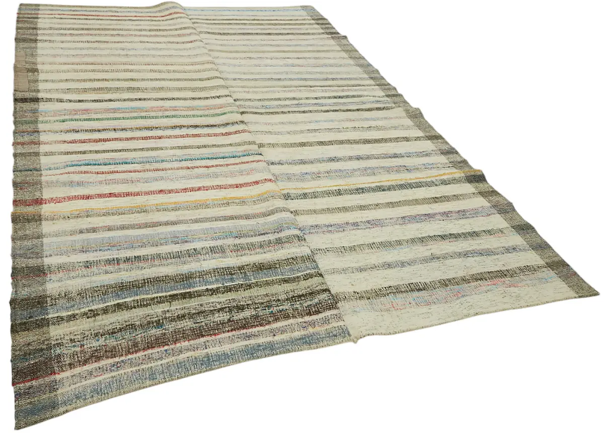 Chaput Çizgili Multi Renk Pamuk Üzerine Yün El Dokuma Kilim-204x331 - Görsel 2