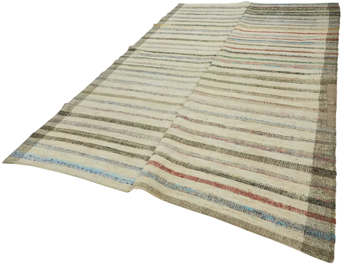 Chaput Çizgili Multi Renk Pamuk Üzerine Yün El Dokuma Kilim-204x331 - Görsel 3