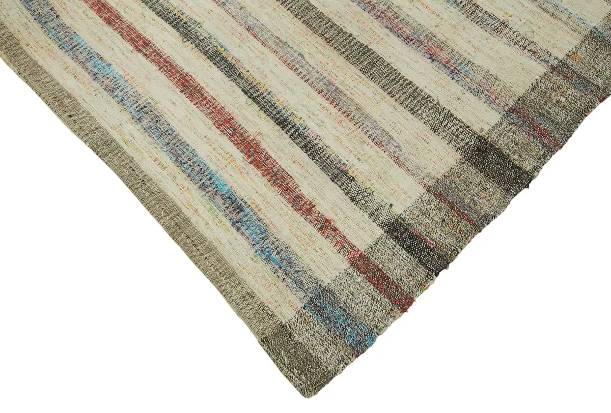 Chaput Çizgili Multi Renk Pamuk Üzerine Yün El Dokuma Kilim-204x331 - Görsel 4