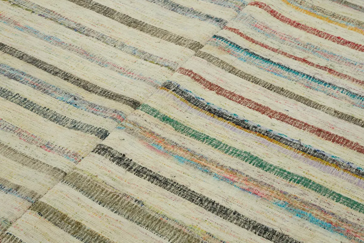 Chaput Çizgili Multi Renk Pamuk Üzerine Yün El Dokuma Kilim-204x331 - Görsel 5