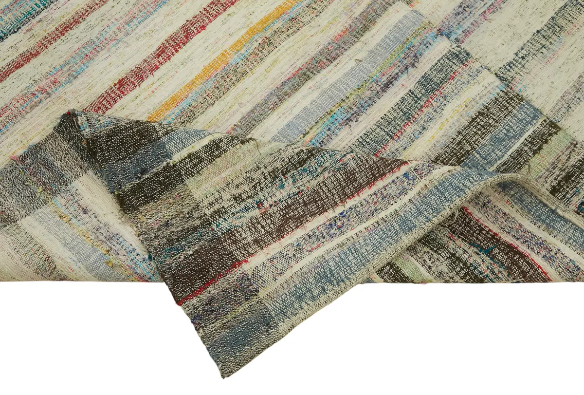 Chaput Çizgili Multi Renk Pamuk Üzerine Yün El Dokuma Kilim-204x331 - Görsel 6