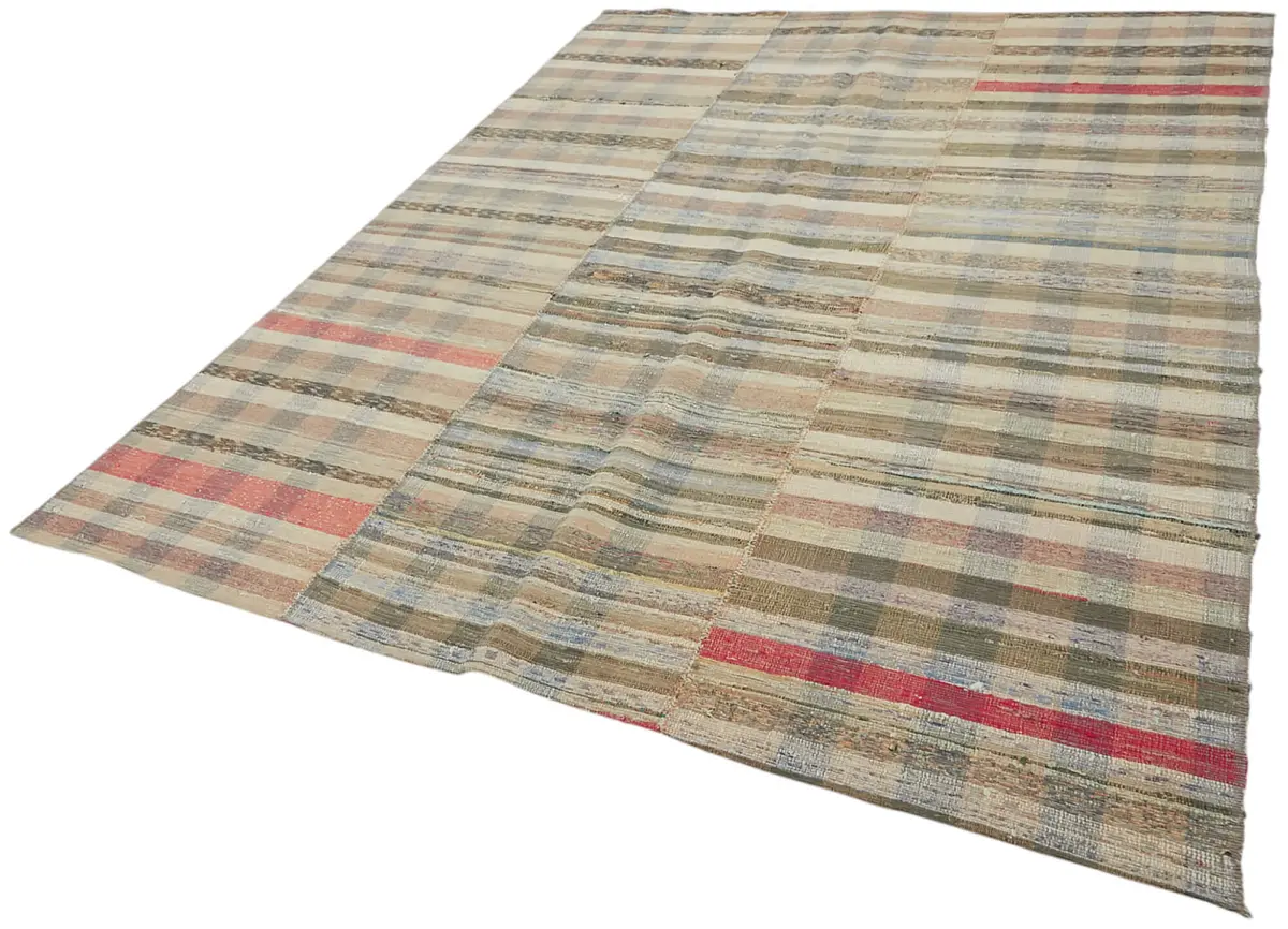 Chaput Çizgili Multi Renk Pamuk Üzerine Yün El Dokuma Kilim-208x288 - Görsel 3