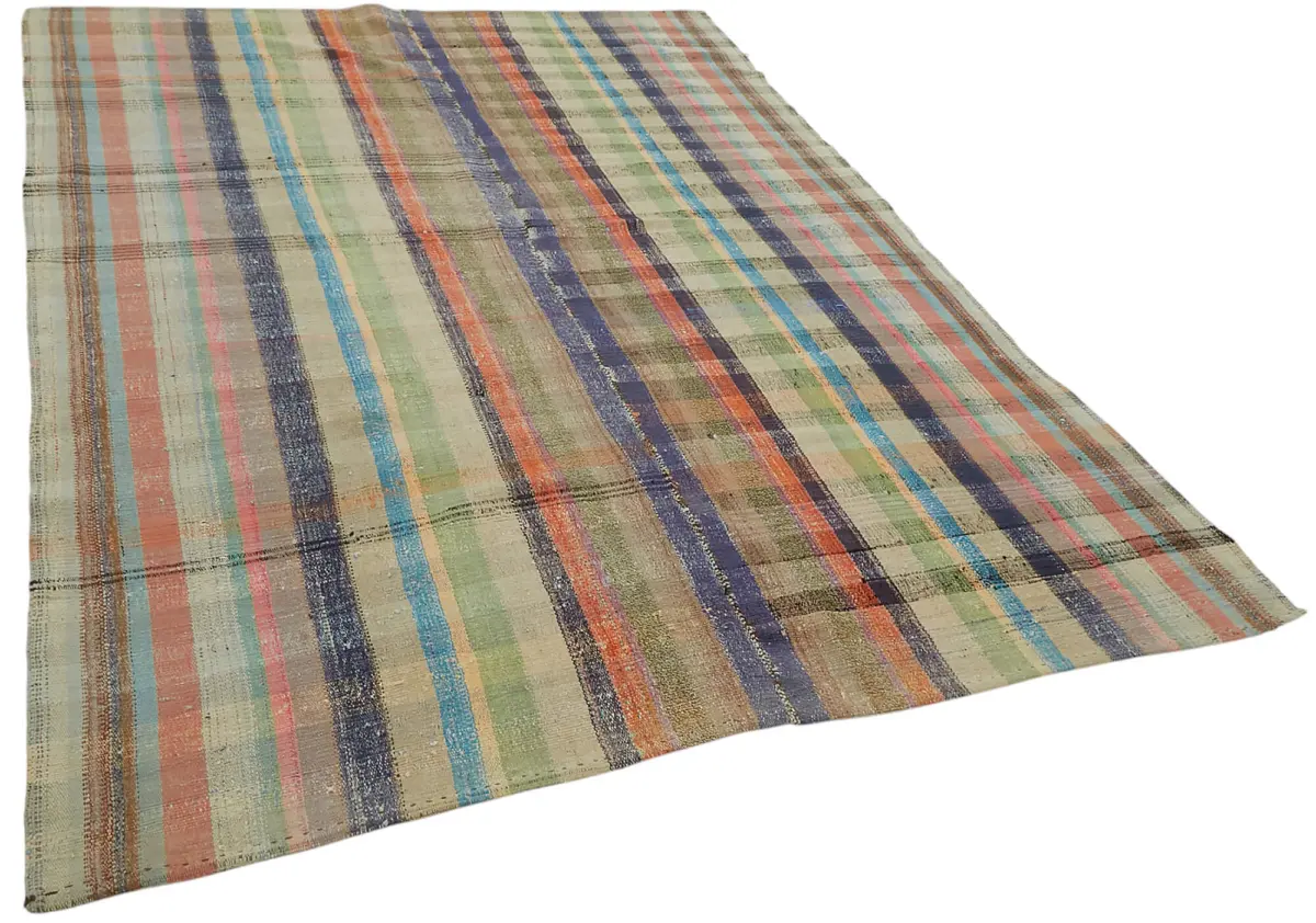 Chaput Çizgili Multi Renk Pamuk Üzerine Yün El Dokuma Kilim-222x330 - Görsel 2