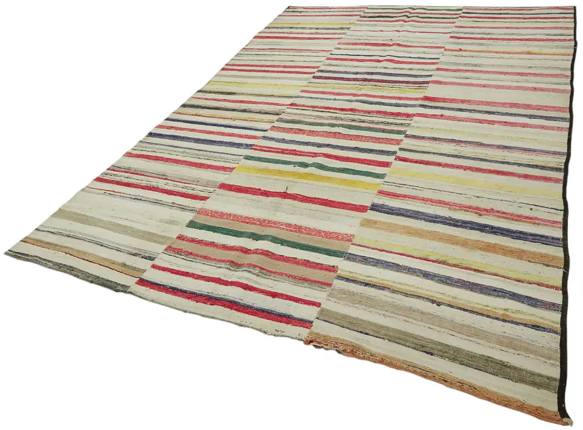 Chaput Çizgili Multi Renk Pamuk Üzerine Yün El Dokuma Kilim-220x325 - Görsel 3