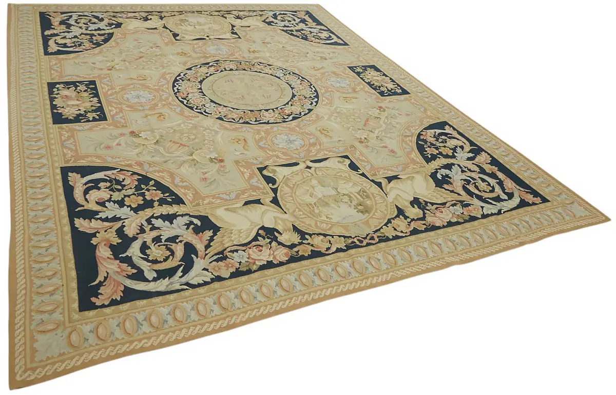 Aubusson Eskitme Bej Pamuk Üzerine Yün El Dokuma Halı-277x376 - Görsel 2