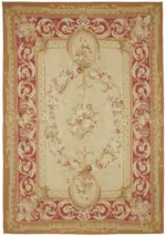 Aubusson Eskitme Bej Pamuk Üzerine Yün El Dokuma Halı-300x432