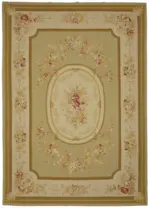 Aubusson Eskitme Bej Pamuk Üzerine Yün El Dokuma Halı-299x422