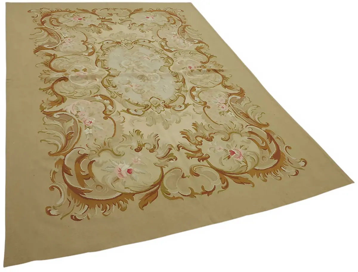 Aubusson Eskitme Bej Pamuk Üzerine Yün El Dokuma Halı-176x270 - Görsel 2