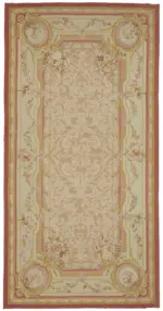 Aubusson Eskitme Bej Pamuk Üzerine Yün El Dokuma Halı-201x405