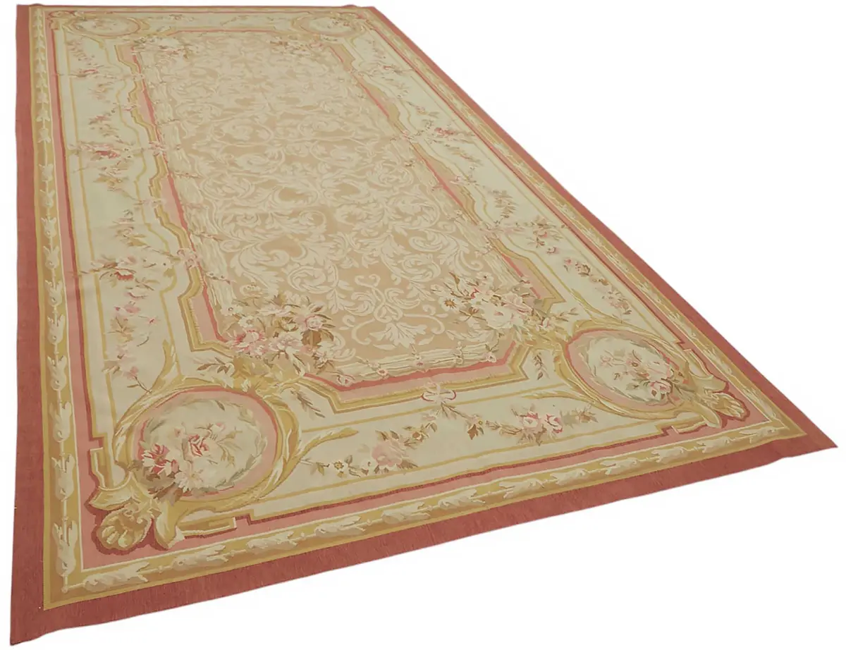 Aubusson Eskitme Bej Pamuk Üzerine Yün El Dokuma Halı-201x405 - Görsel 2