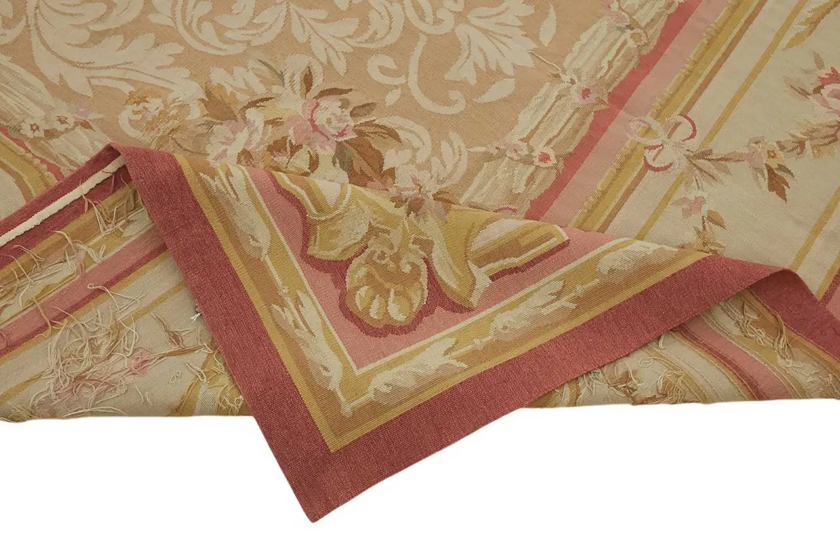 Aubusson Eskitme Bej Pamuk Üzerine Yün El Dokuma Halı-201x405 - Görsel 6