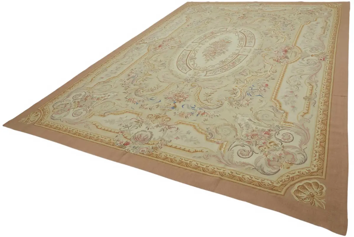 Aubusson Eskitme Bej Pamuk Üzerine Yün El Dokuma Halı-297x428 - Görsel 3
