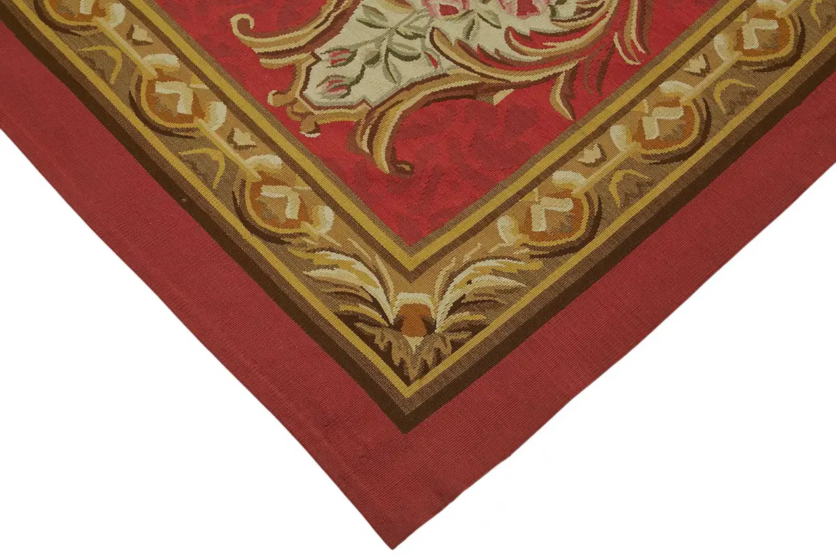 Aubusson Eskitme Kırmızı Pamuk Üzeirne Yün El Dokuma Halı-272x346 - Görsel 4