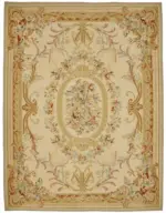 Aubusson Eskitme Bej Pamuk Üzerine Yün El Dokuma Halı-275x354