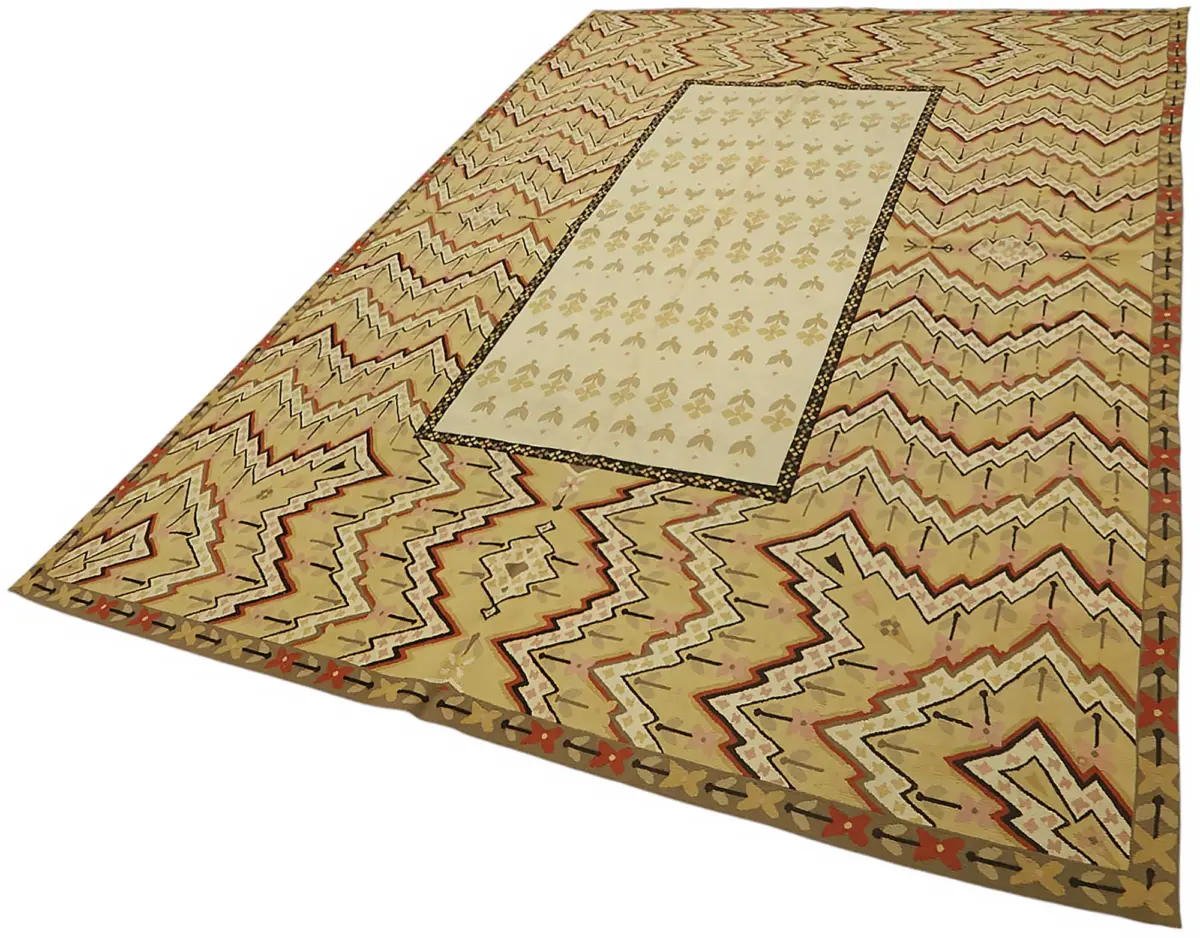 Aubusson Eskitme Bej Pamuk Üzerine Yün El Dokuma Halı-196x311 - Görsel 3