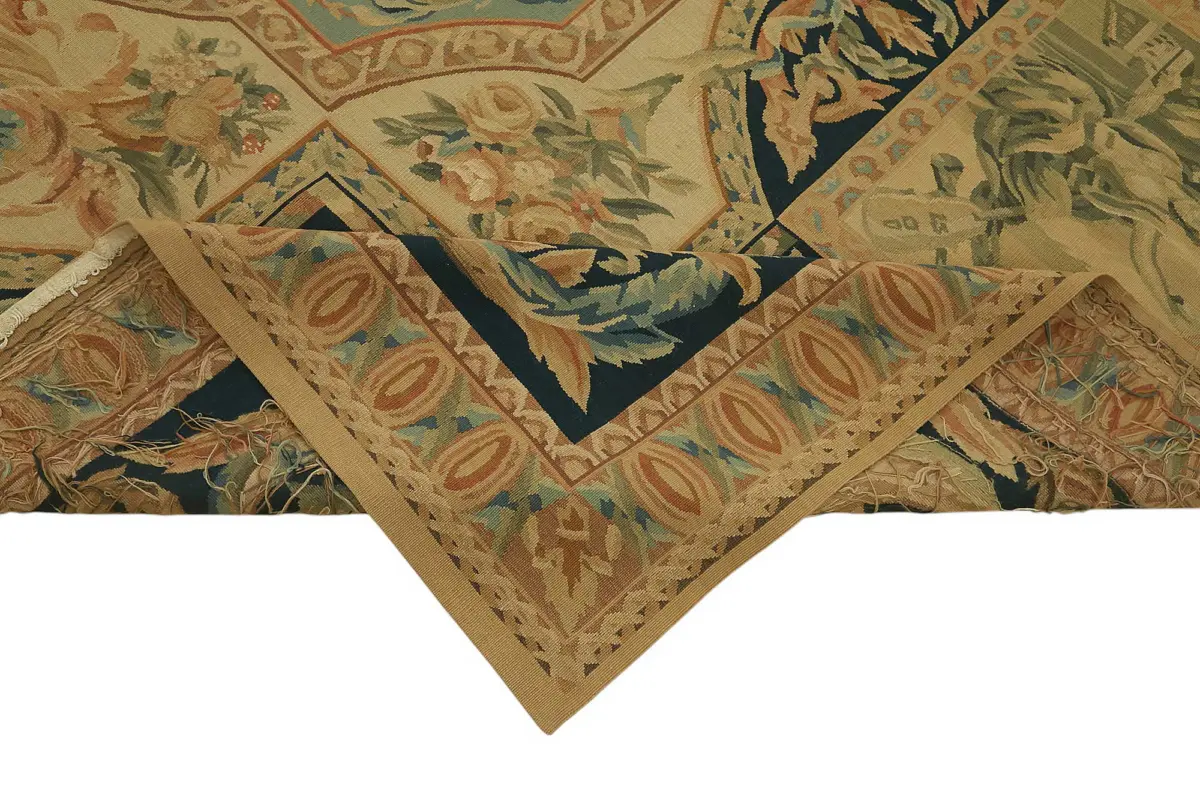 Aubusson Eskitme Bej Pamuk Üzerine Yün El Dokuma Halı-240x312 - Görsel 6