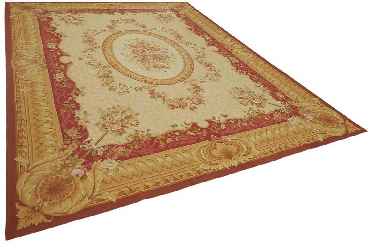 Aubusson Eskitme Bej Pamuk Üzerine Yün El Dokuma Halı-270x380 - Görsel 2