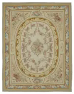 Aubusson Eskitme Bej Pamuk Üzerine Yün El Dokuma Halı-274x366