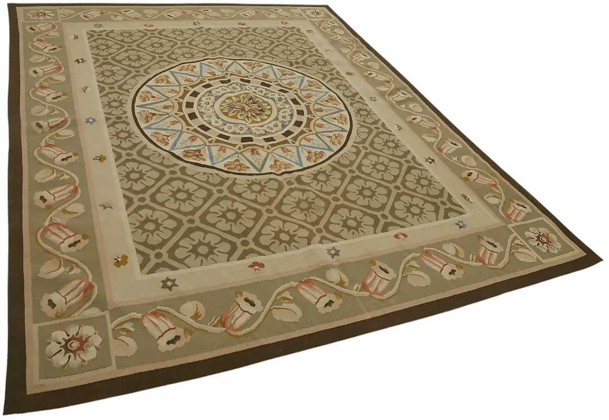 Aubusson Eskitme Bej Pamuk Üzerine Yün El Dokuma Halı-207x273 - Görsel 2