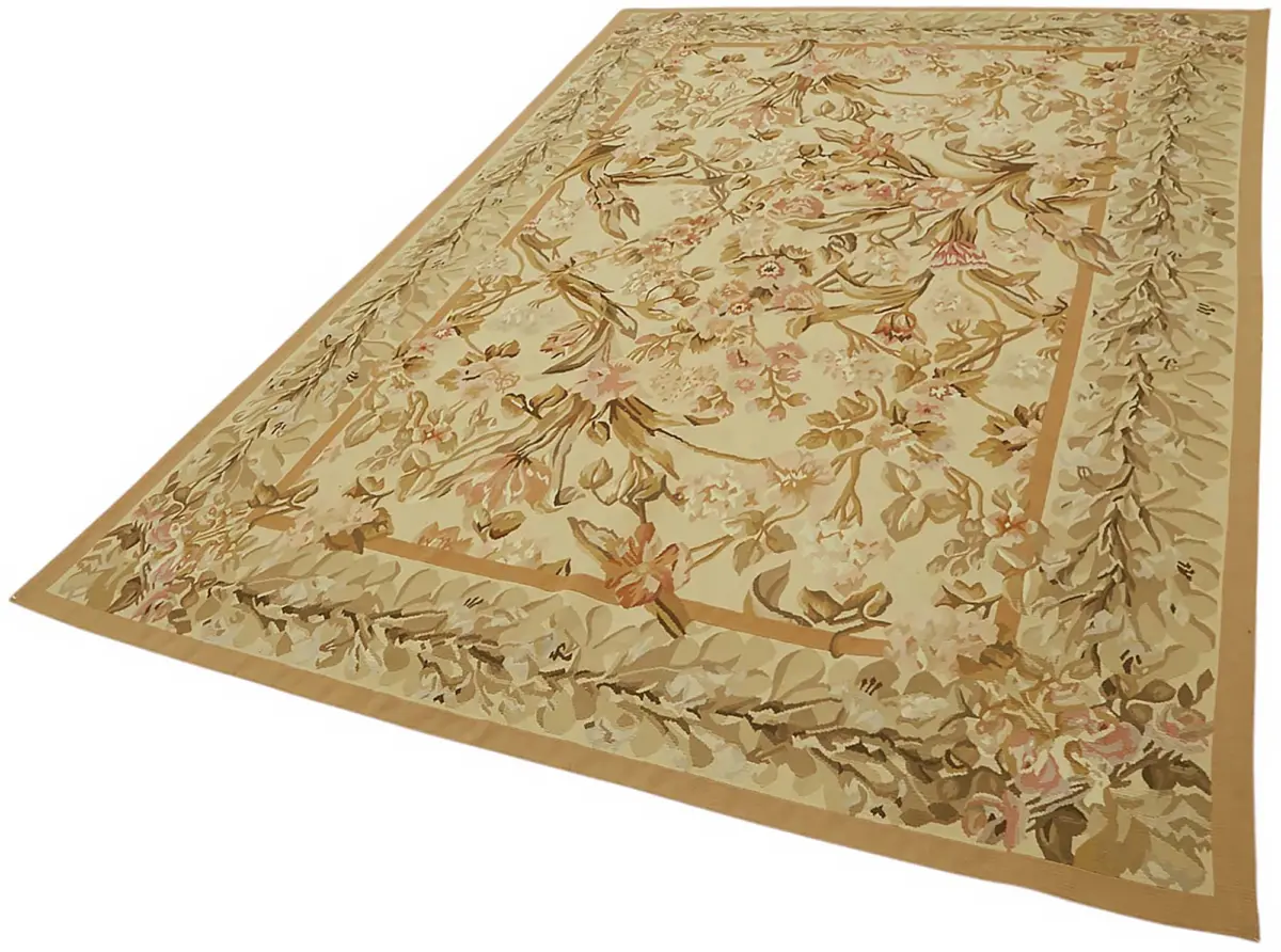 Aubusson Eskitme Bej Pamuk Üzerine Yün El Dokuma Halı-177x273 - Görsel 3