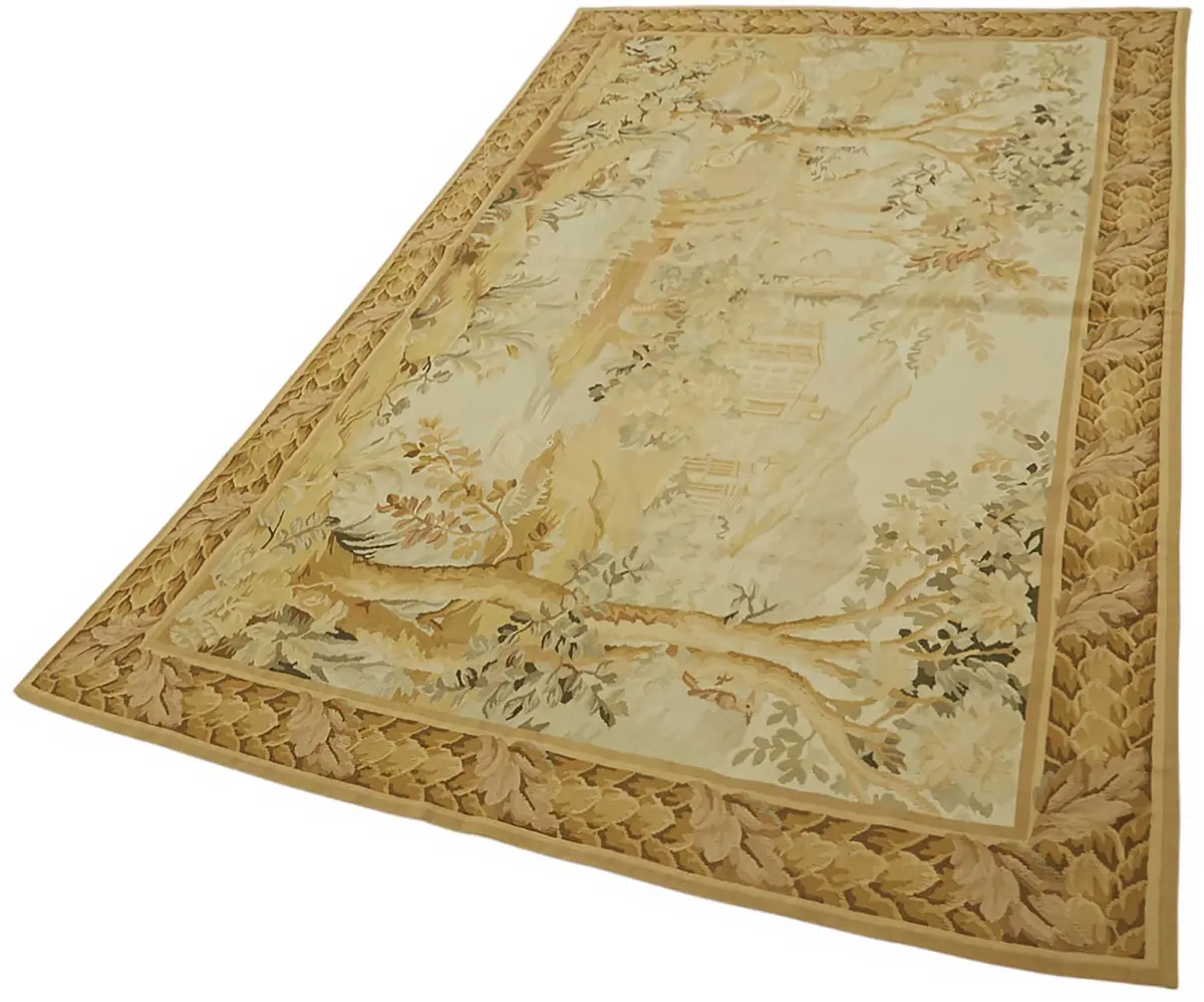 Aubusson Eskitme Bej Pamuk Üzerine Yün El Dokuma Halı-153x242 - Görsel 3