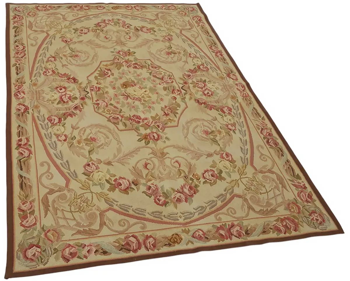 Aubusson Eskitme Bej Pamuk Üzerine Yün El Dokuma Halı-123x185 - Görsel 2