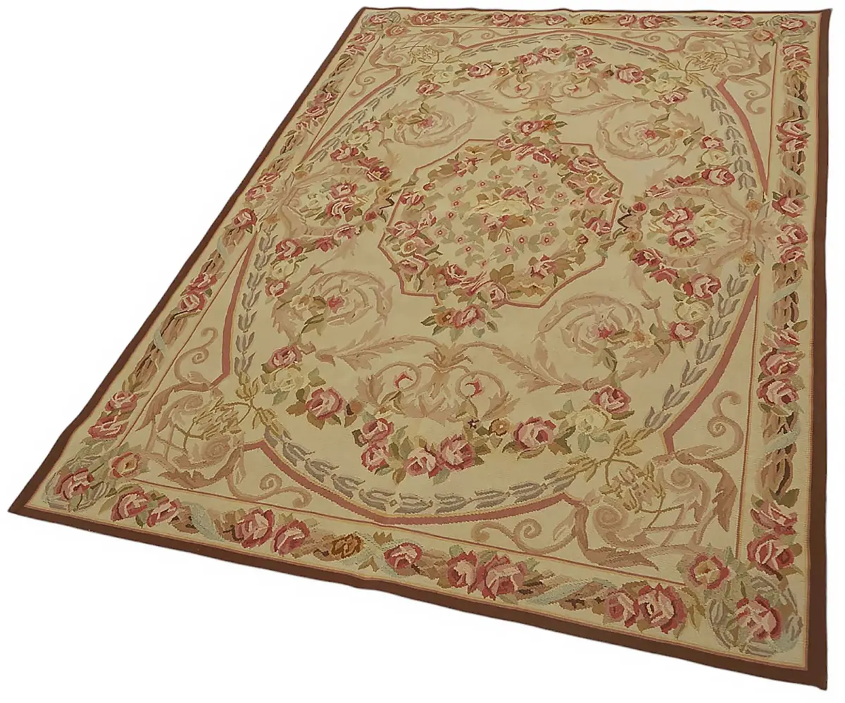 Aubusson Eskitme Bej Pamuk Üzerine Yün El Dokuma Halı-123x185 - Görsel 3