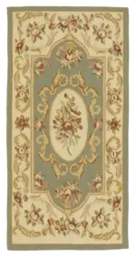 Aubusson Eskitme Bej Pamuk Üzerine Yün El Dokuma Halı-071x143