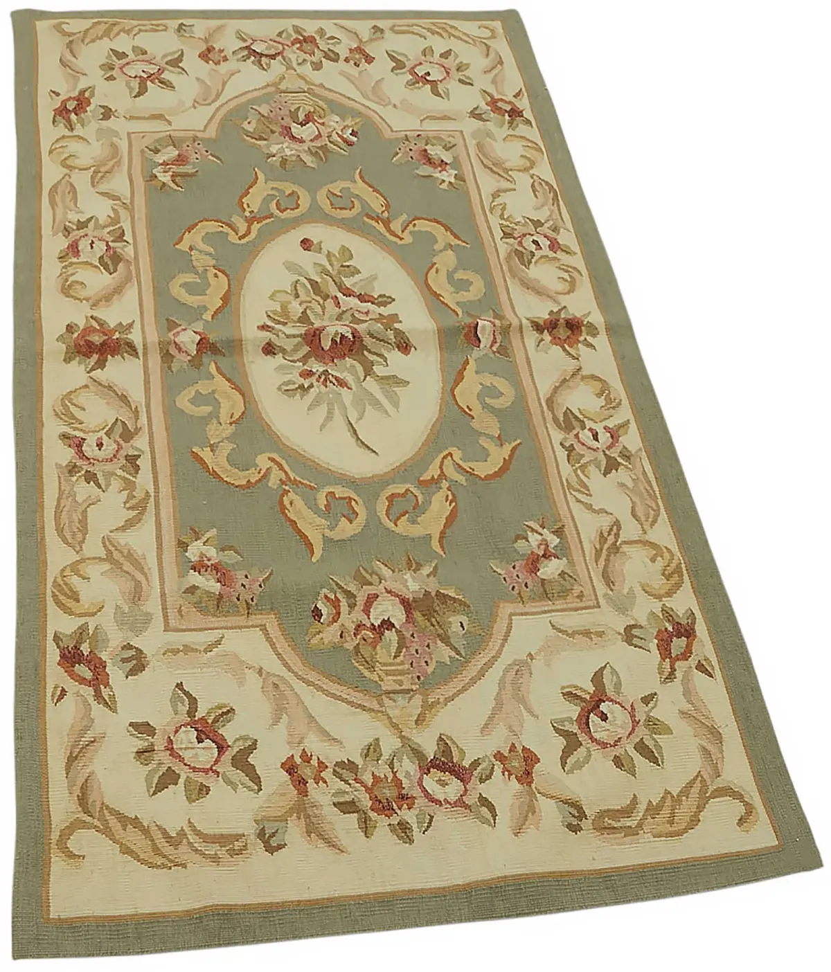 Aubusson Eskitme Bej Pamuk Üzerine Yün El Dokuma Halı-071x143 - Görsel 2