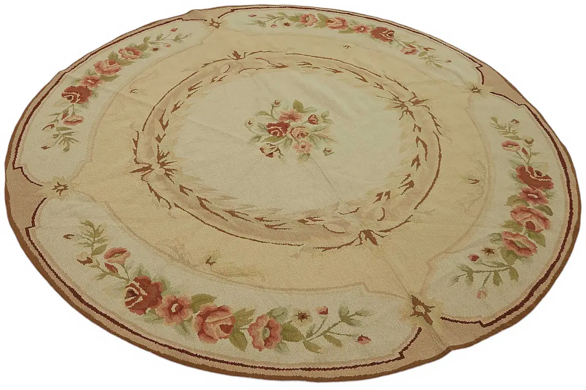 Needlepoint Bej Pamuk Üzerine Yün El Dokuma Halı-180x180 - Görsel 2