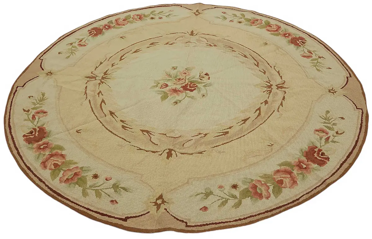 Needlepoint Bej Pamuk Üzerine Yün El Dokuma Halı-180x180 - Görsel 3