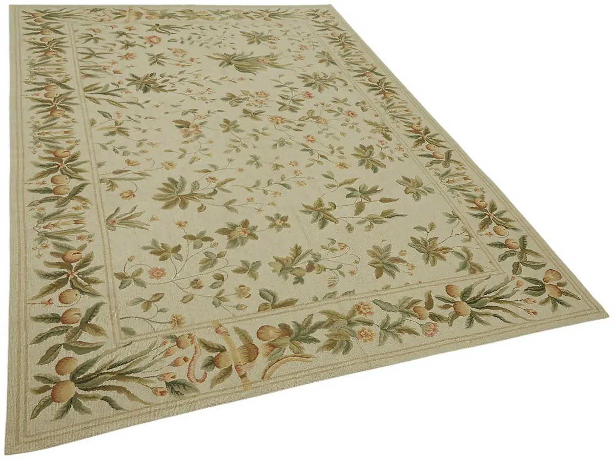 Needlepoint Bej Pamuk Üzerine Yün El Dokuma Halı-180x264 - Görsel 2