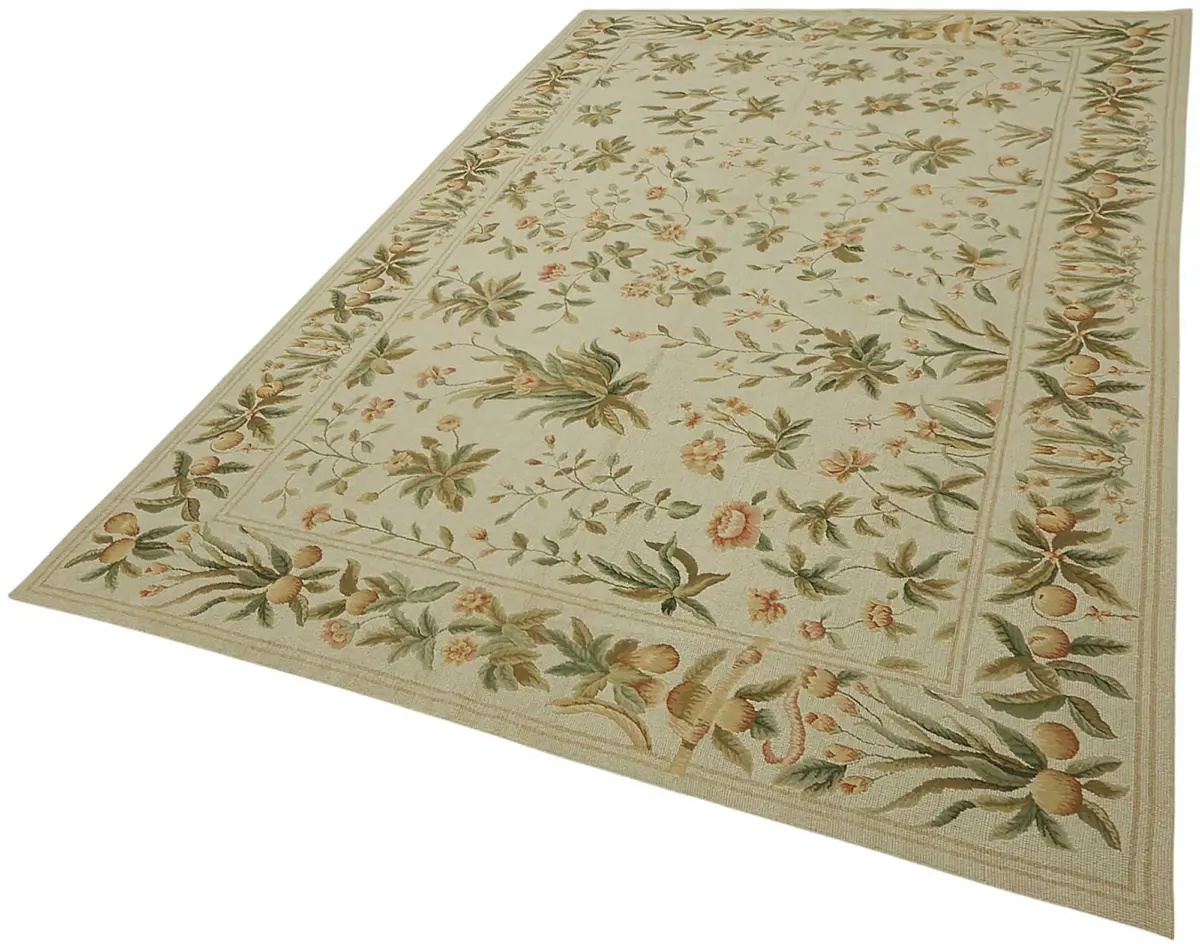 Needlepoint Bej Pamuk Üzerine Yün El Dokuma Halı-180x264 - Görsel 3