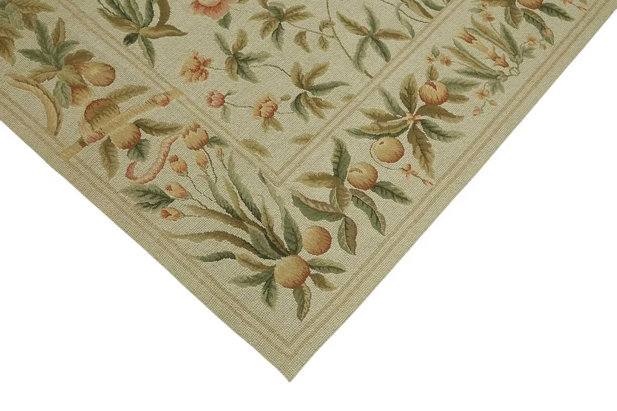 Needlepoint Bej Pamuk Üzerine Yün El Dokuma Halı-180x264 - Görsel 4