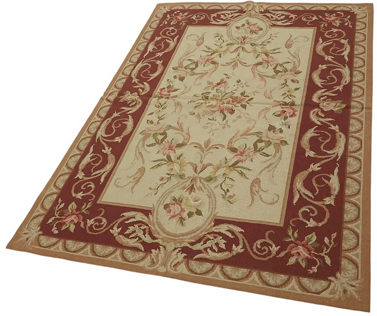 Needlepoint Bej Pamuk Üzerine Yün El Dokuma Halı-122x183 - Görsel 3