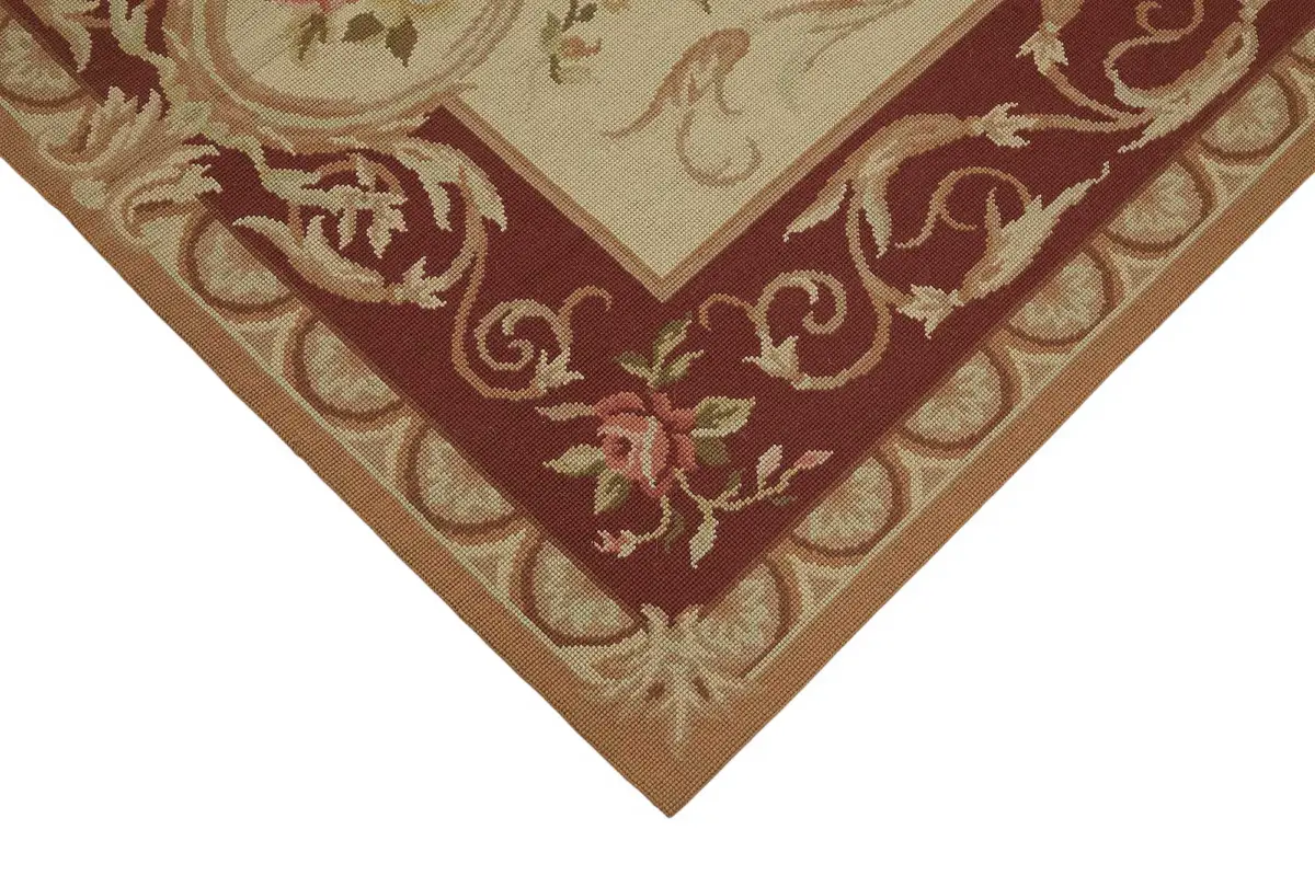 Needlepoint Bej Pamuk Üzerine Yün El Dokuma Halı-122x183 - Görsel 4