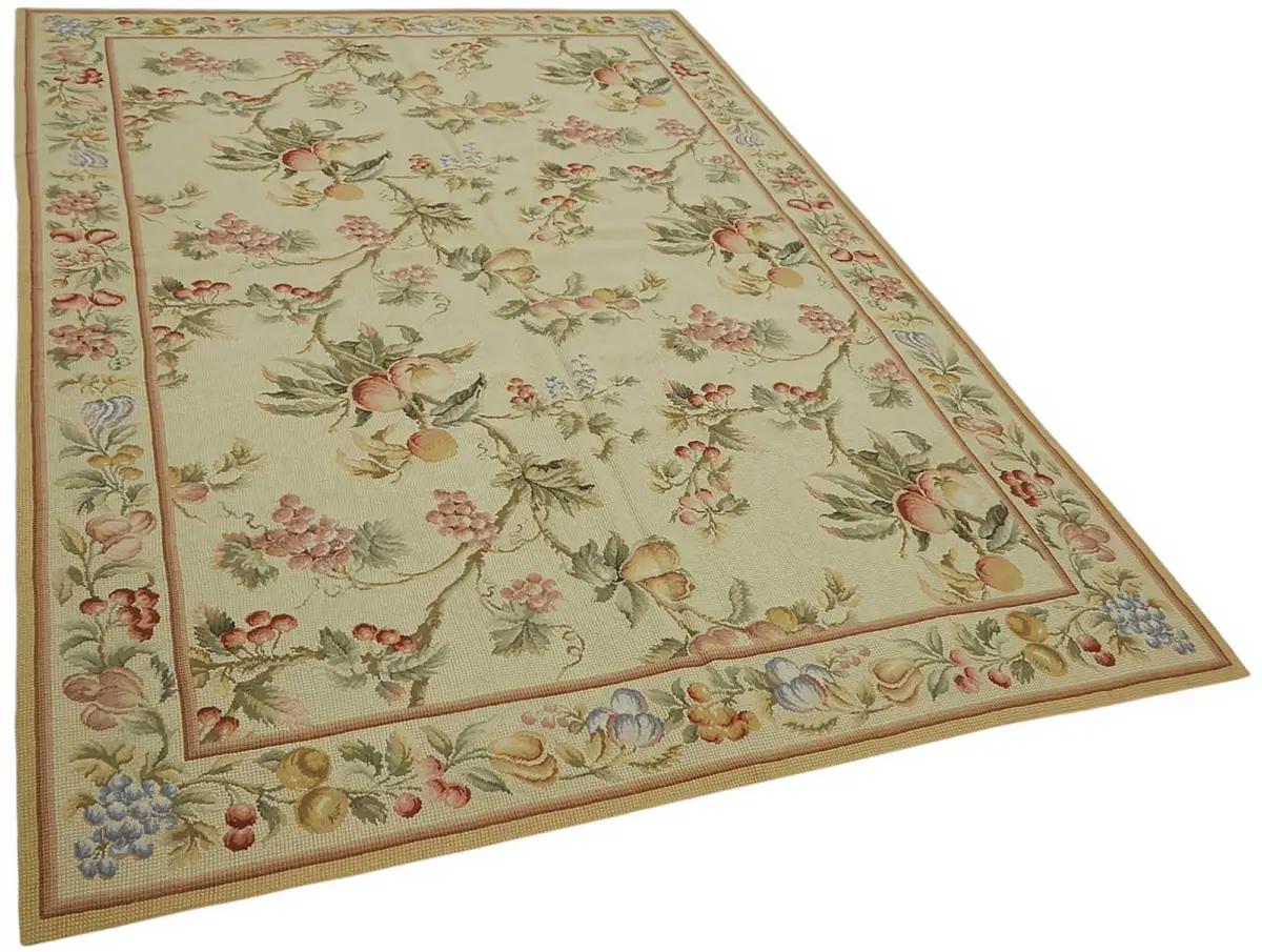 Needlepoint Bej Pamuk Üzerine Yün El Dokuma Halı-185x280 - Görsel 2