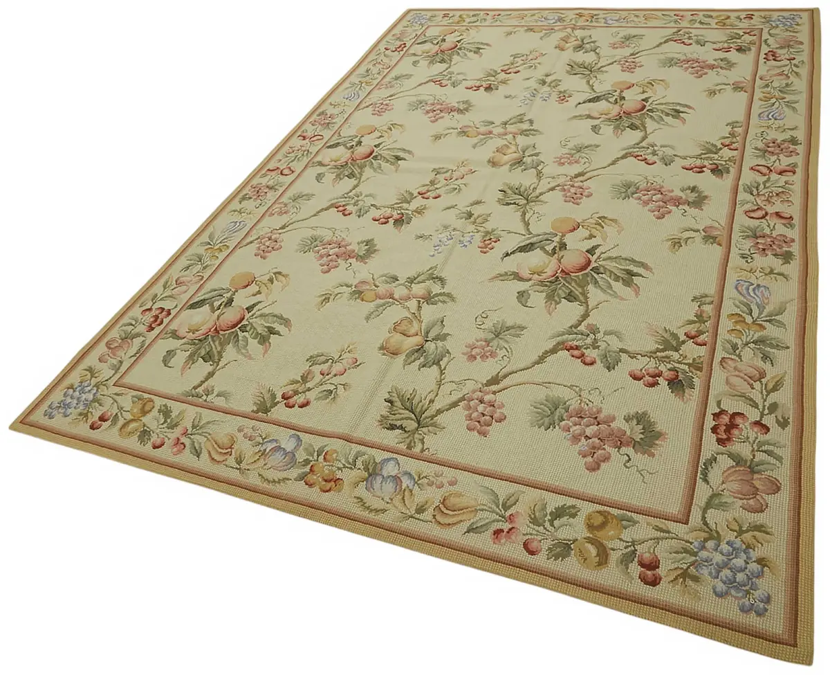 Needlepoint Bej Pamuk Üzerine Yün El Dokuma Halı-185x280 - Görsel 3