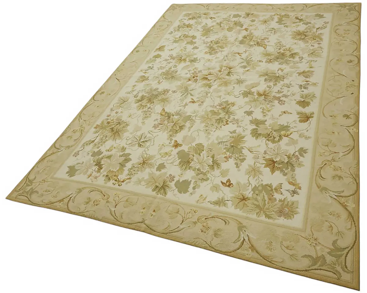 Needlepoint Bej Pamuk Üzerine Yün El Dokuma Halı-183x275 - Görsel 3