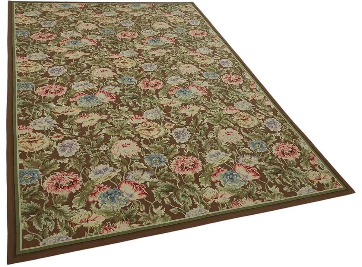 Needlepoint Bej Pamuk Üzerine Yün El Dokuma Halı-186x277 - Görsel 2