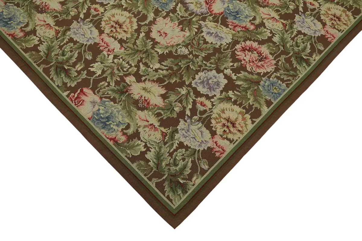 Needlepoint Bej Pamuk Üzerine Yün El Dokuma Halı-186x277 - Görsel 4