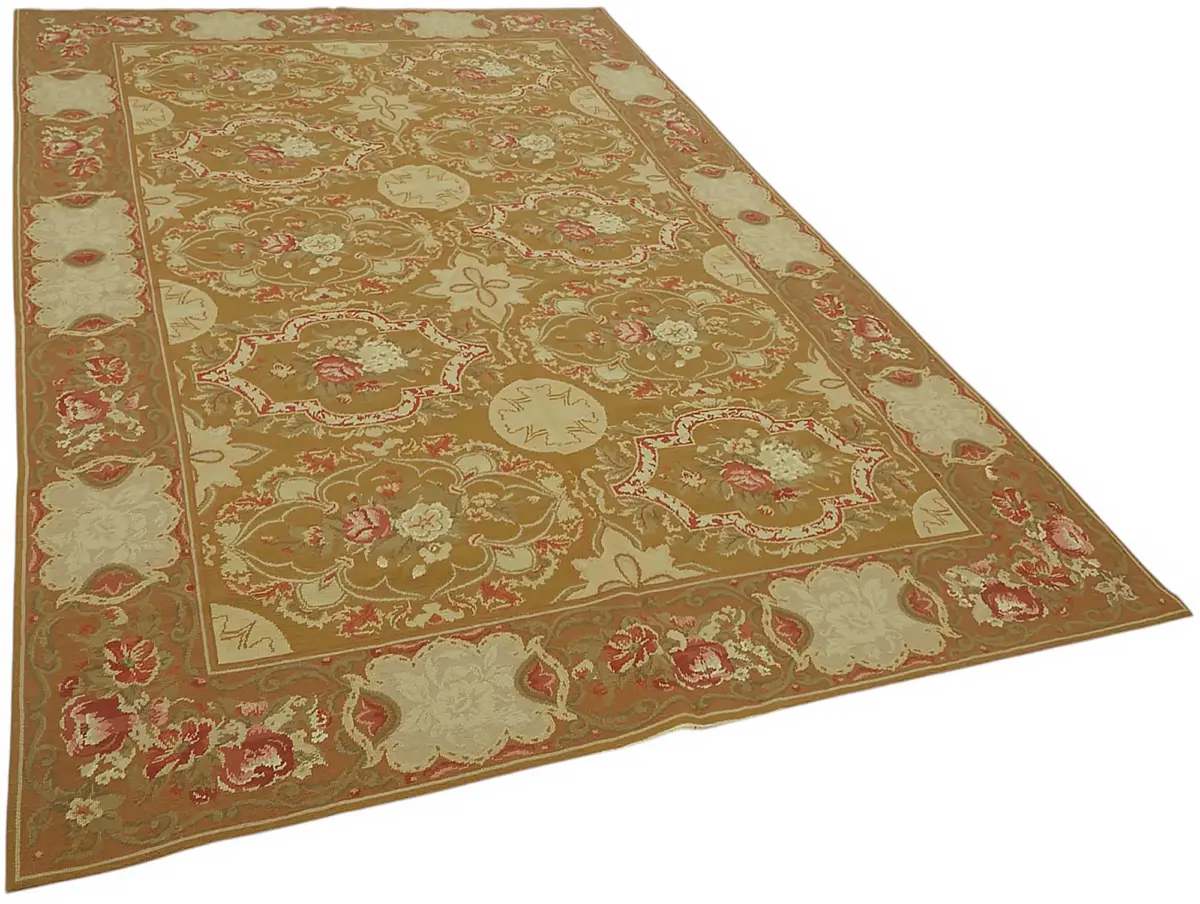 Needlepoint Bej Pamuk Üzerine Yün El Dokuma Halı-181x273 - Görsel 2