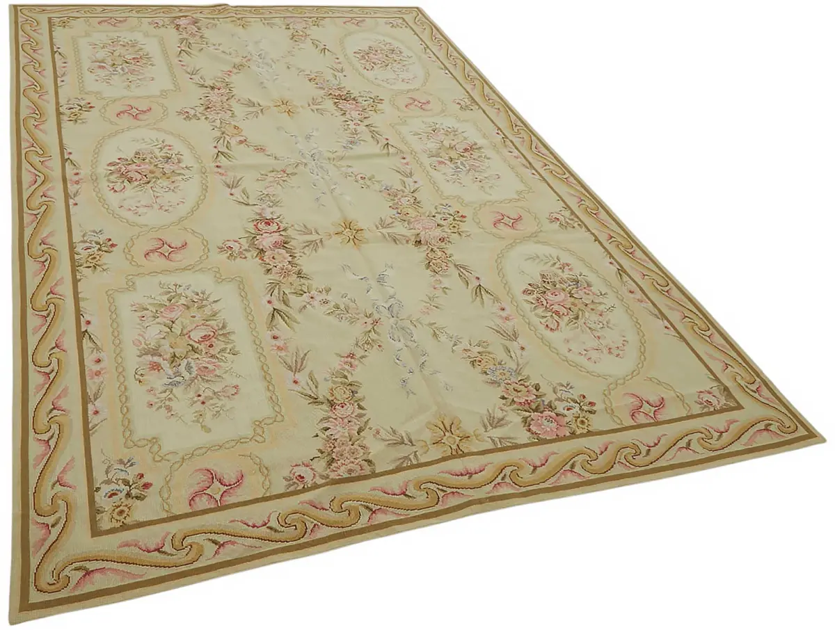 Needlepoint Bej Pamuk Üzerine Yün El Dokuma Halı-177x277 - Görsel 2